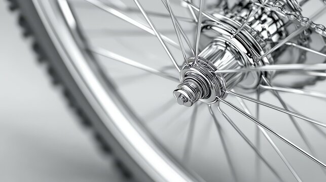 Close-up of a bicycle wheel hub showcasing intricate details of spokes and chrome finish against a minimalistic background