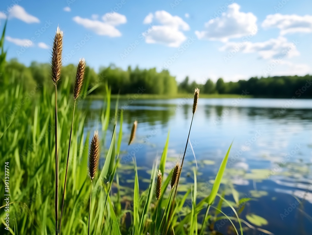 Poster scenic lake view with reeds and blue sky capturing nature's tranquility : generative ai