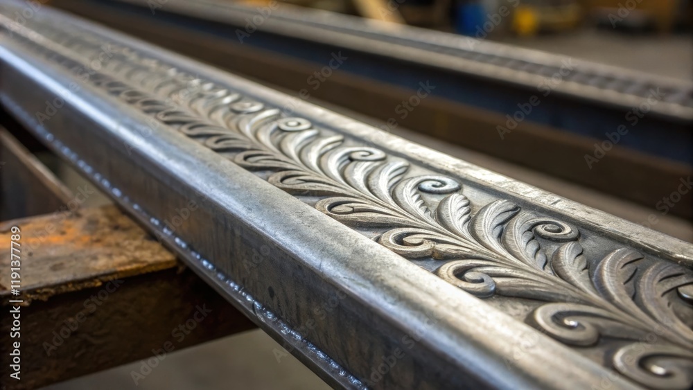Poster a closeup depiction of the surface of a steel beam with a focus on a singular ornate weld featuring 