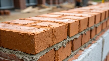 A closeup detail of a freshly laid brick with mortar oozing from the seams highlighting the precise craftsmanship and care shown by the mason in each placement.