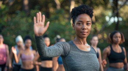 Woman demonstrating with a hand gesture on the street advocating for human rights and equality, representing activism against gender violence and for a better future for all