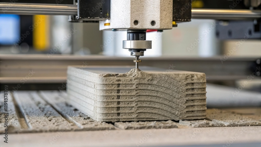 Poster A closeup of a 3D printer extruding concrete with the texture of the material and the layerbylayer construction process visible representing innovative building techniques.