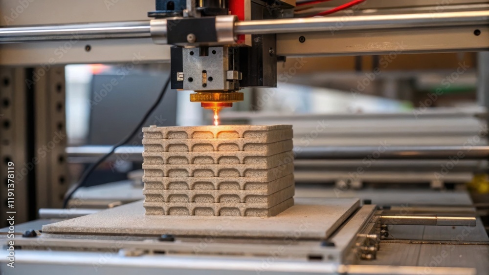 Poster A closeup of a 3D printer in action extruding layers of concrete to create intricate building components with the nozzle glowing warm and precise surrounded by construction