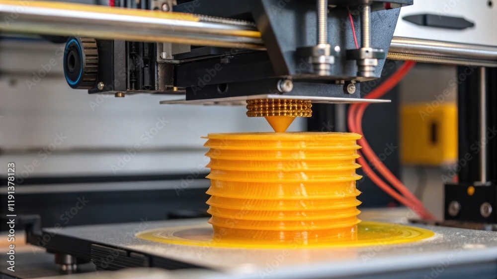 Aufkleber A closeup of a 3D printer in action layers of filament gradually stacking up to form a complex object with strands of melted material visibly extruding from the nozzle and the