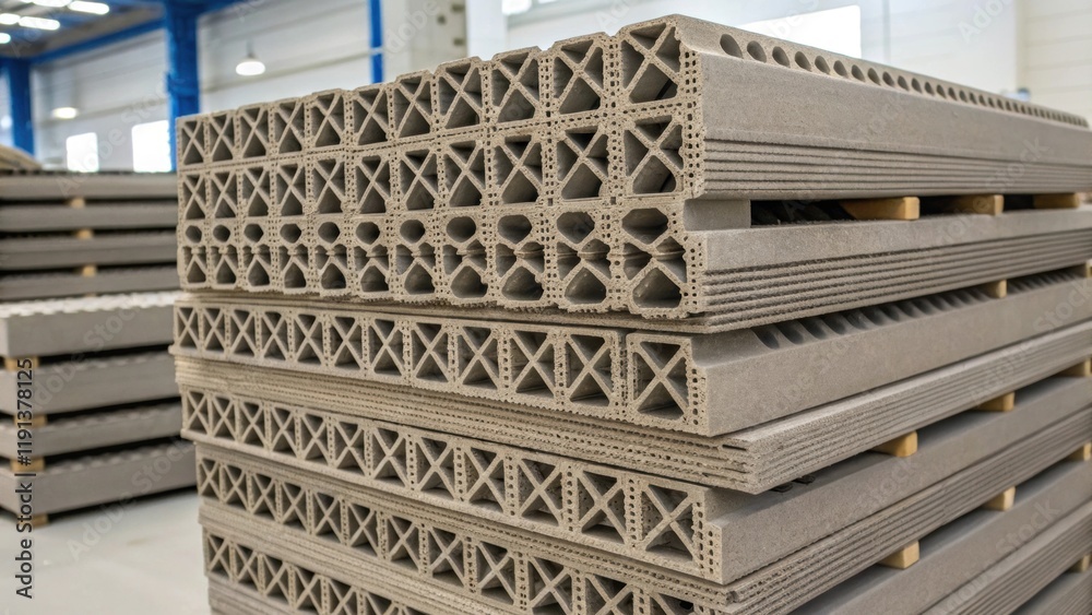 Poster a closeup of 3dprinted building materials stacked neatly showcasing the innovative and efficient fab