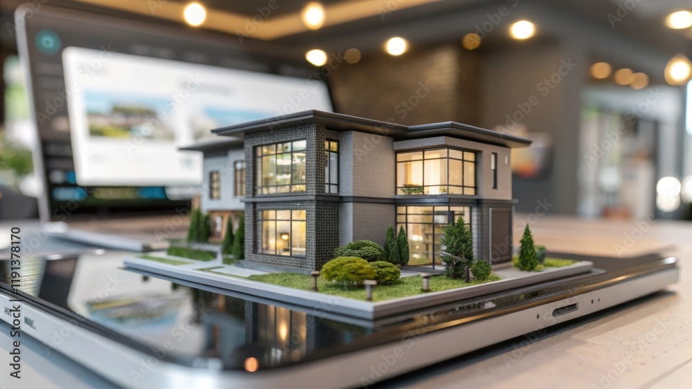 Poster A closeup of a 3D rendering of a building hovering in the virtual space with features such as windows and landscaping visible capturing the detail and futuristic design