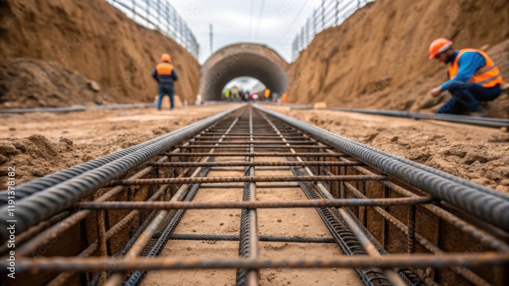 Poster a closeup of a andcover tunnel under construction revealing exposed soil and reinforcing steel rebar