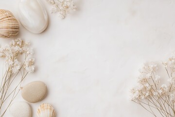 Minimalist Coastal Decor with Sea Shells and Stone Arrangements on White Surface : Generative AI