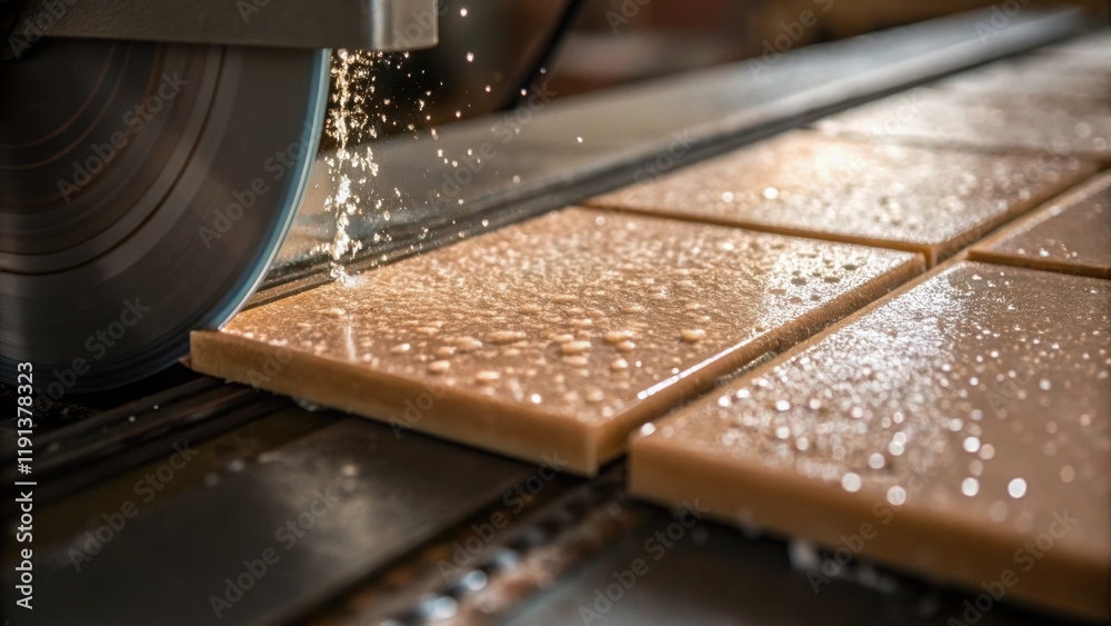 Poster a closeup of a ceramic tile being sliced with a wet saw the water glistening as the blade smoothly s