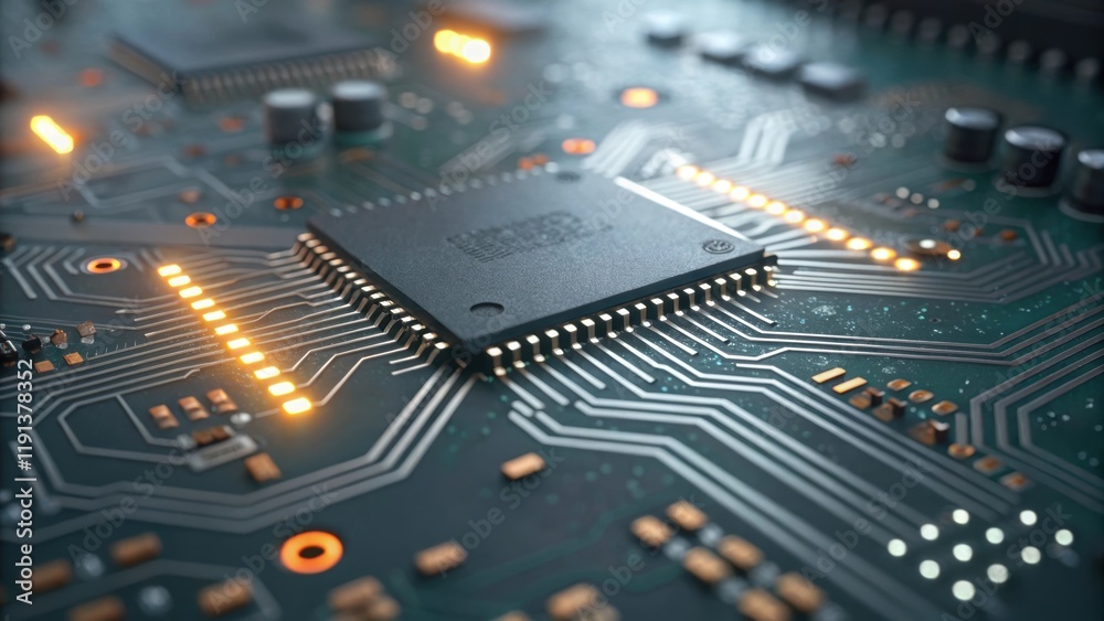 Aufkleber A closeup of a circuit board filled with intricate pathways and microchips highlighting the fine details and textures of the components paired with glowing LED lights that