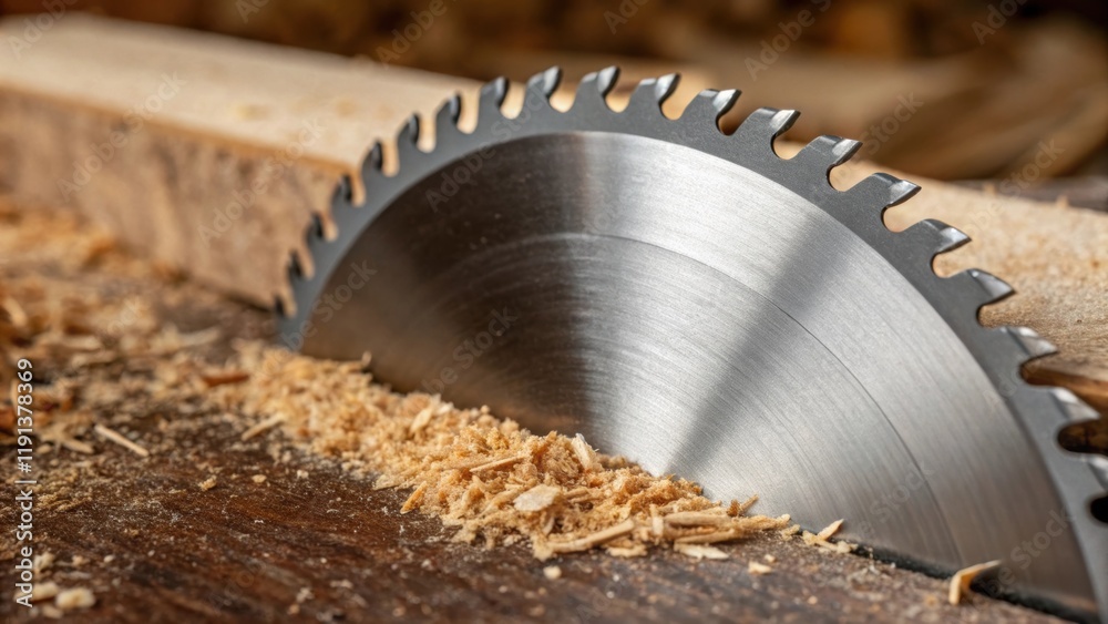Leinwandbilder a closeup of a circular saw blade showcasing the sharp jagged teeth against a backdrop of sawdust ea