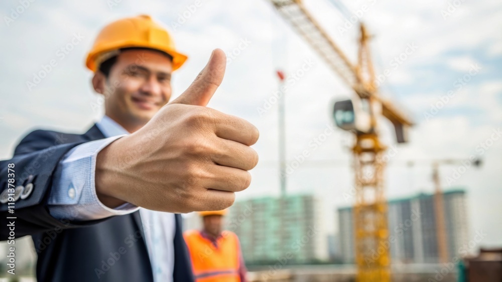 Poster a closeup of a colleagues hand giving a thumbsup to the construction worker operating a crane captur