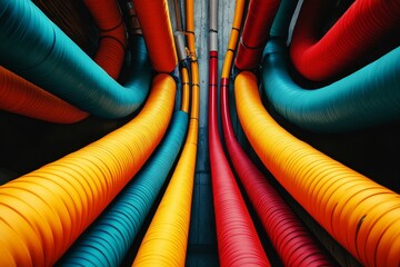 Colorful, large-diameter pipes converge; vibrant industrial design.