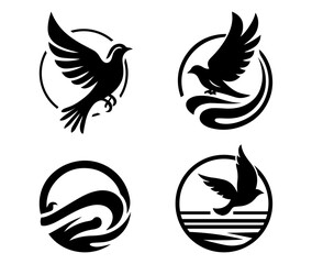 Minimalist bird logos, black and white circular designs, flying doves, abstract avian silhouettes