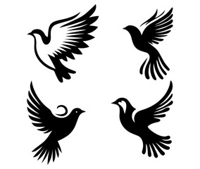 Black and white silhouettes of flying birds set, dove shapes, stylized wings