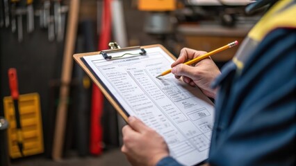 A closeup of a clipboard filled with notes and sketches held confidently in a workers hand featuring a pencil poised to make additional adjustments with various tools and equipment