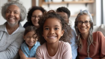 Obraz premium Joyful family selfie at home, showcasing love and togetherness among parents, children, and grandparents, capturing happy memories for sharing online