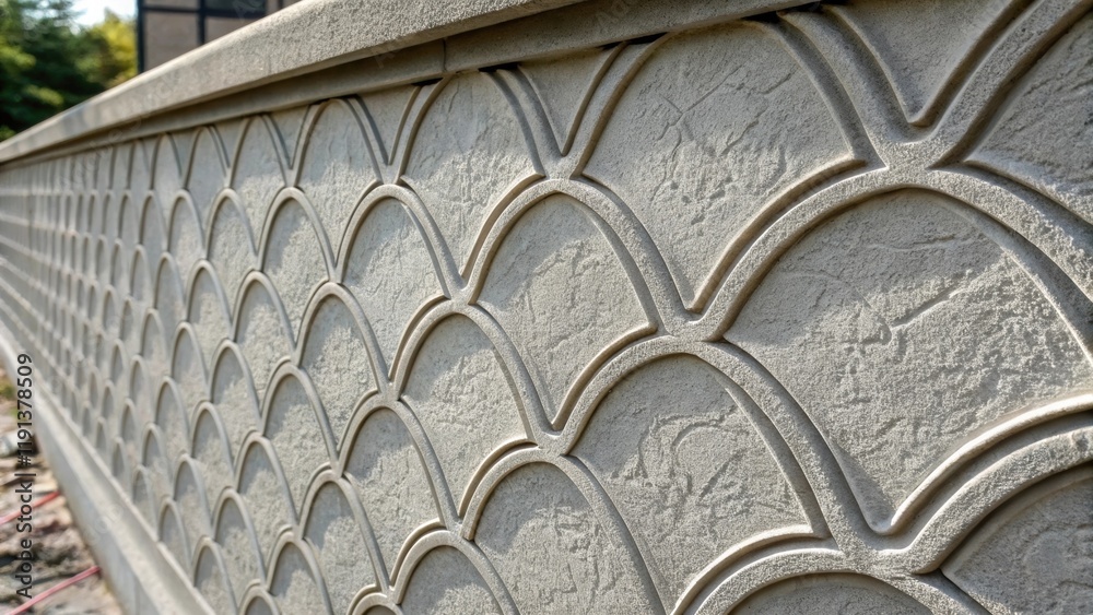 Poster A closeup of a concrete wall featuring a decorative finish displaying a pattern created by textured forms with varying shades of gray that enhance the visual interest of the
