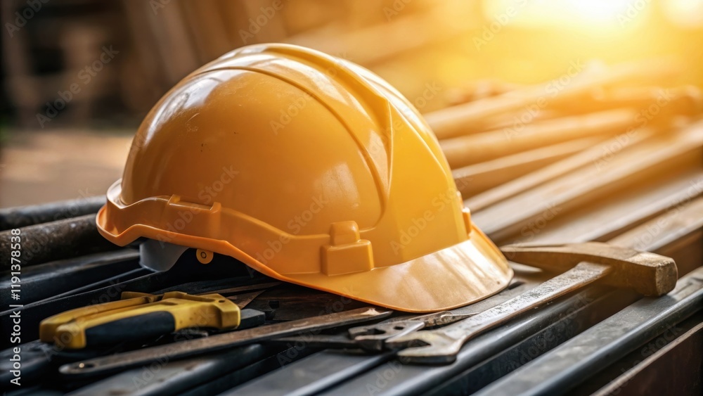 Poster a closeup of a construction helmet resting on a pile of tools the sunlight glinting off the helmets 