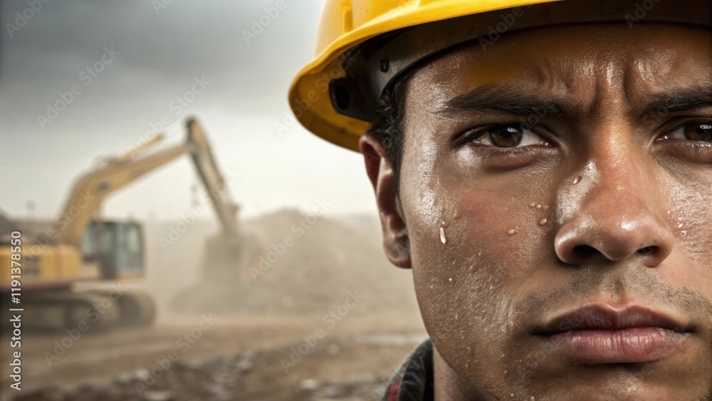 Poster a closeup of a construction workers face beads of sweat across their brow showing determination and 
