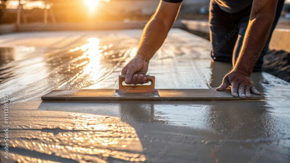 Poster a closeup of a construction workers hands expertly guiding a trowel over wet cement the texture of t