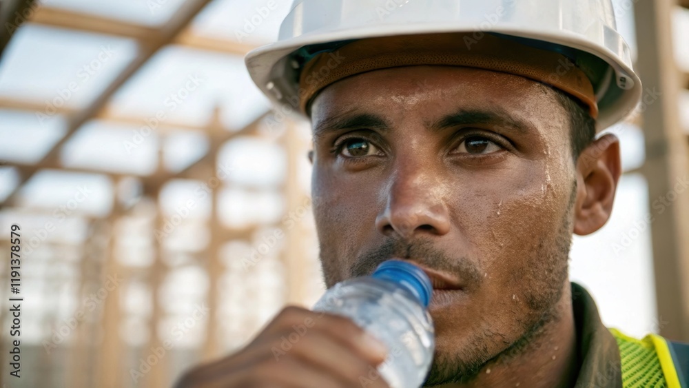 Aufkleber A closeup of a construction worker sipping from a water bottle sweat glistening on his brow with a blurred view of a partially completed framework behind him emphasizing the labors