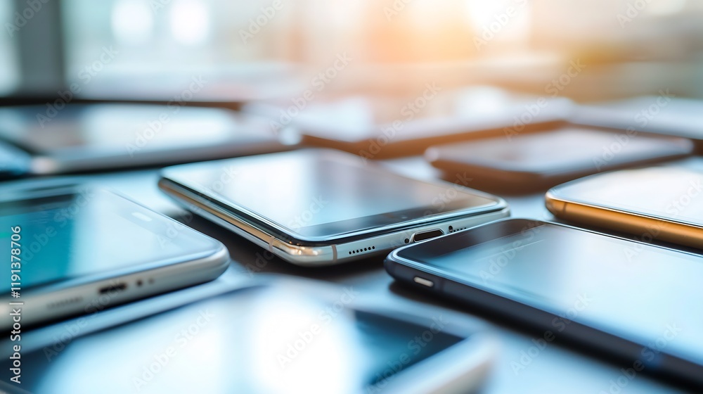 Poster closeup of modern smartphones laid out on a table with daylight reflections symbolizing connectivity