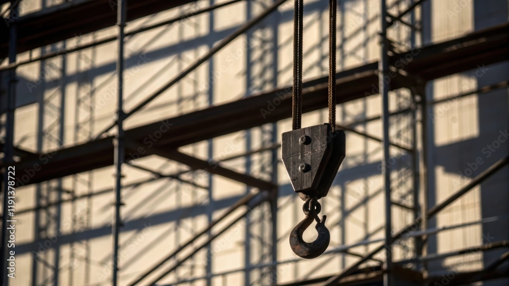 Poster A closeup of a cranes hook suspended in midair casting distinct shadows that play with the straight lines of surrounding scaffolding emphasizing the vertical and horizontal