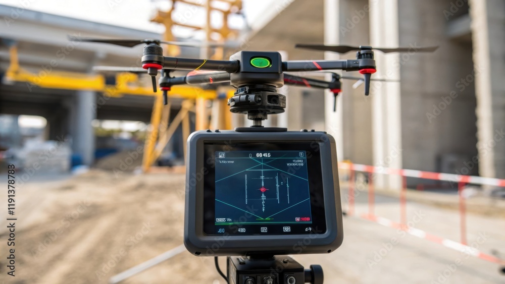 Aufkleber A closeup of a drone scanning the construction site with laser technology with data points illuminated on the screen of a connected device highlighting topographical features and