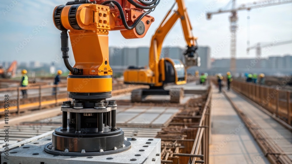 Fototapete A closeup of advanced machinerysuch as a robotic arm and automated mixersoperating on a construction site emphasizing automations role in increasing efficiency and safety in the