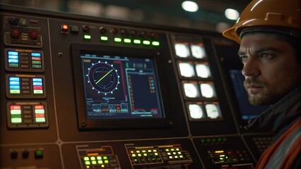 A closeup of a digital control console displaying critical data and schematics the glow of screen lights illuminating the determined face of a technician monitoring construction