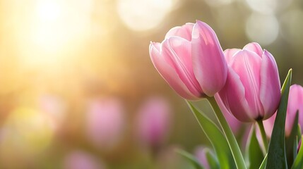 Obraz premium Serene Pink Tulips Bathed in Golden Morning Sunlight Capturing the Essence of Springtime Beauty : Generative AI