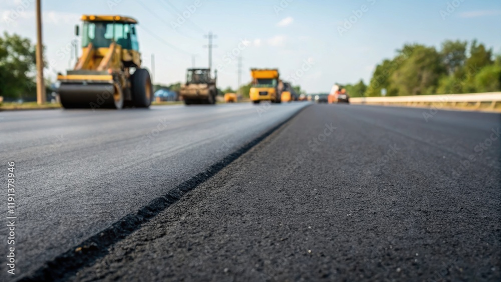 Poster a closeup of a freshly laid road with construction vehicles in the background representing transport