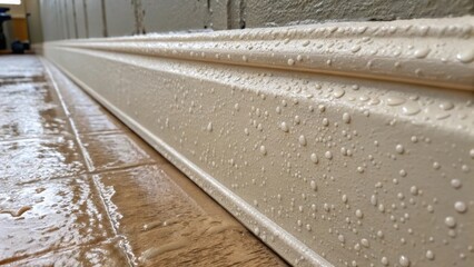 A closeup of a freshly installed drywall seam showcasing the glossy sheen of wet mud before it dries with visible air bubbles and tool imprints from the application.