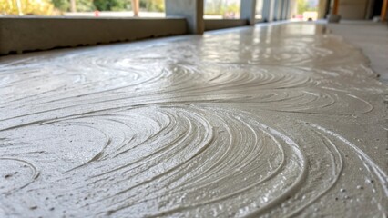 A closeup of a freshly troweled concrete finish revealing the fine lines and swirls left by the trowel with a soft sheen that suggests a stillcuring surface.