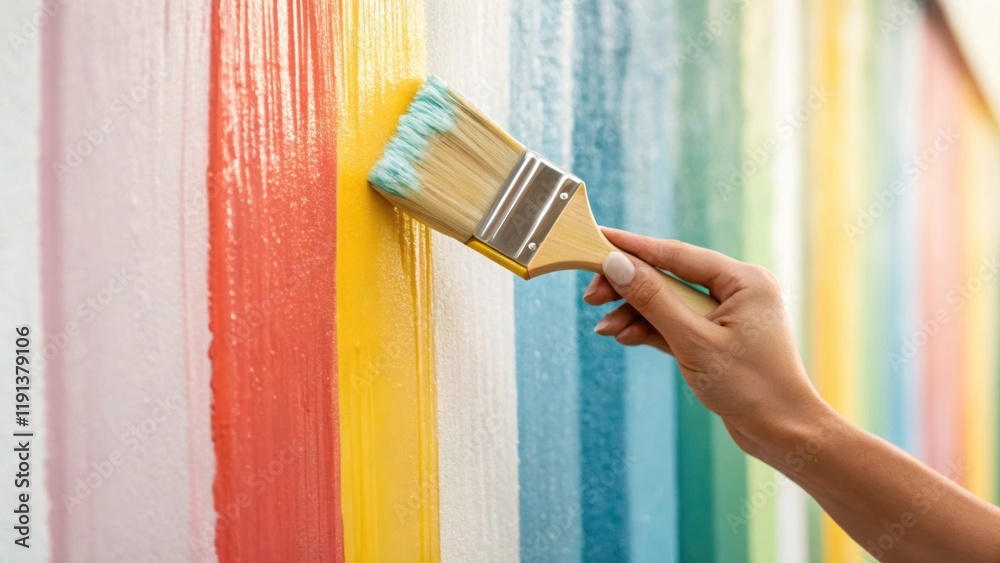 Poster A closeup of a hand applying a layer of paint to a wall capturing the delicate brush strokes and the vibrant colors symbolizing the creative touch in construction.