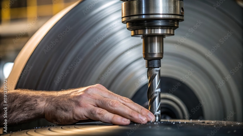 Aufkleber a closeup of a hand resting momentarily on the surface of a large spinning drill bit showcasing the 