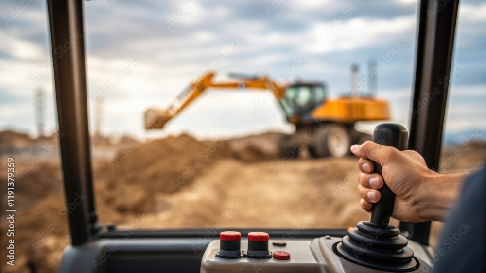 Poster A closeup of a heavy machinery operators hand on the controls with a blurred backdrop of an excavator digging into the earth conveying the power and precision of the equipment in