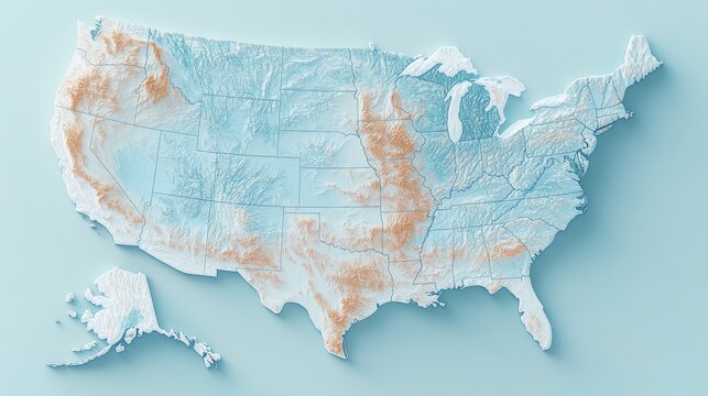 Relief map of the United States showcasing topographical features and elevations depicting landforms across various regions including mountains and plains