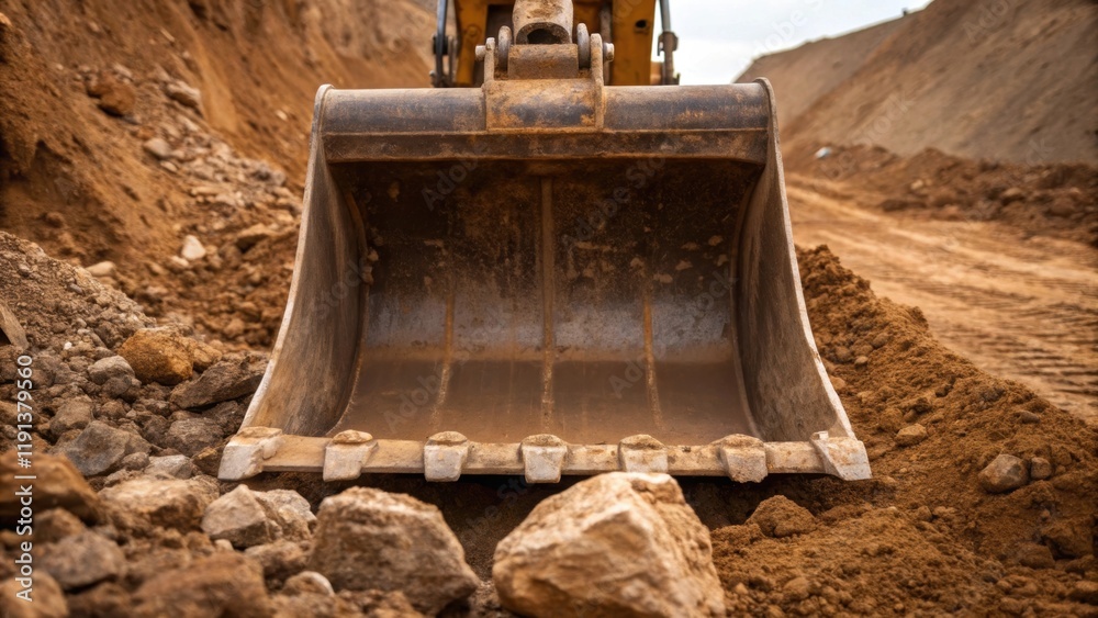 Aufkleber a closeup of a large excavators bucket digging into the earth with piles of soil and rock being push
