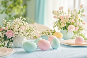 A bright Easter-themed dining area with pastel-colored eggs, fresh flowers, and light table linens