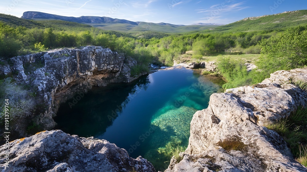 Poster crystal clear natural pool surrounded by rocky cliffs and forested hills in a serene wilderness : ge