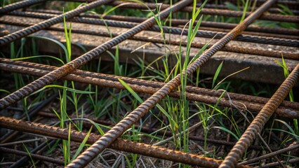 A closeup of a metal rebar framework entwined with weeds and grasses showcasing the intersection of industrial progress and the persistent efforts of nature to reclaim its