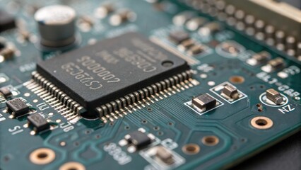 A closeup of a microcontroller board with numerous tiny resistors and capacitors the minute details of soldered connections visible showcasing the foundation of modern electronics