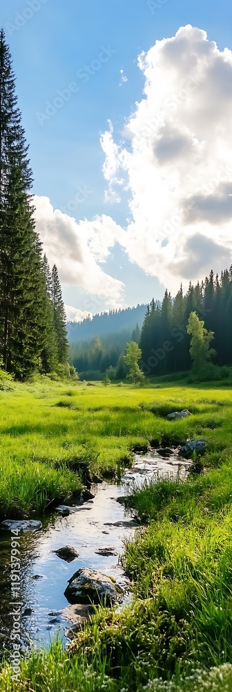 Poster lush forest landscape with a mountain stream under a vibrant blue sky and fluffy clouds : generative