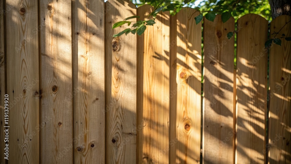 Poster a closeup of a newly installed wooden fence with grains and knots evident in the wood highlighted by