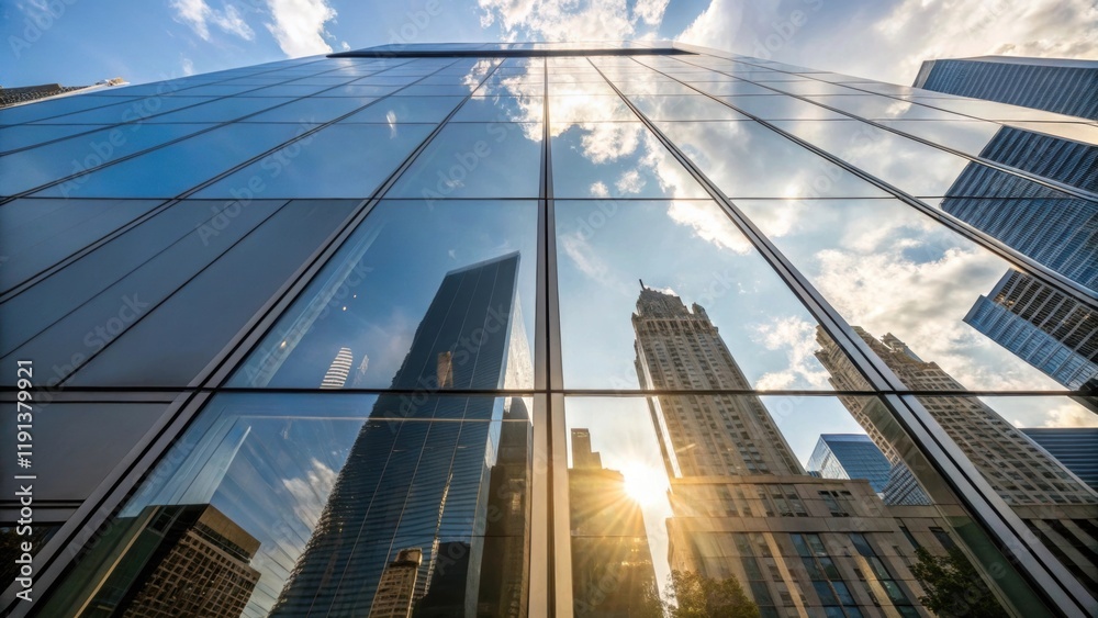 Poster a closeup of a newly erected glass facade reflecting the skyline with the sunlight creating a shimme