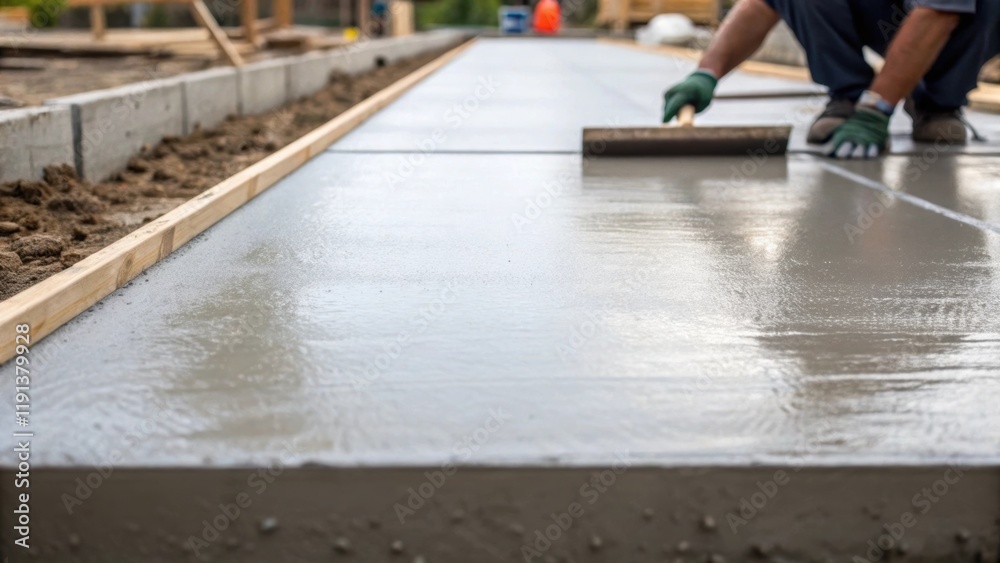 Poster A closeup of a newly poured concrete foundation its smooth surface still gleaming with moisture while a worker uses a trowel to finish the edges. The scene captures the