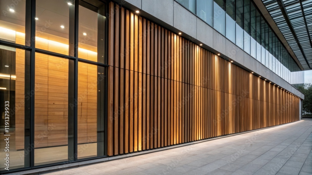 Poster a closeup of an exterior wall featuring a mix of timber slats and large glass panels producing an in