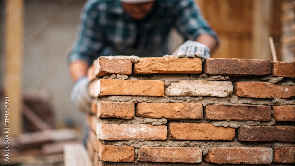 Poster a closeup of an old brick wall undergoing restoration with a craftsman applying mortar to repair the